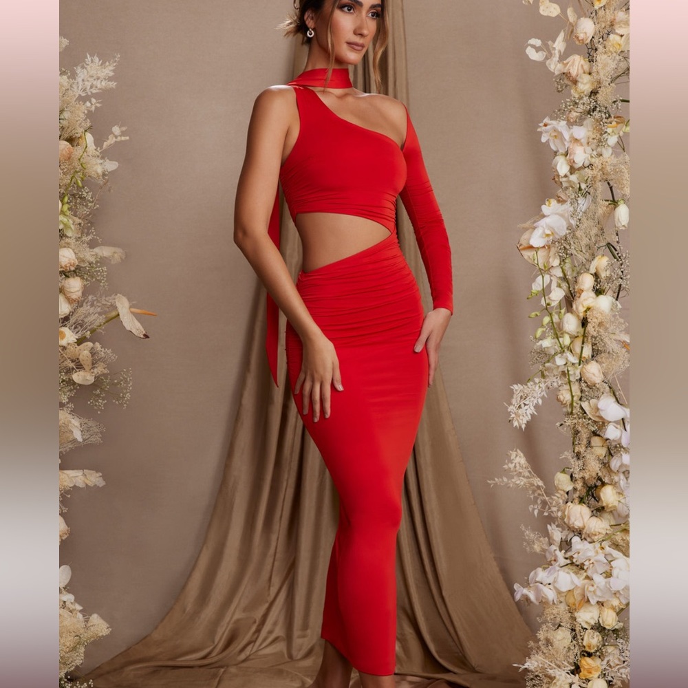 Oh Polly red single sleeve cut out maxi dress